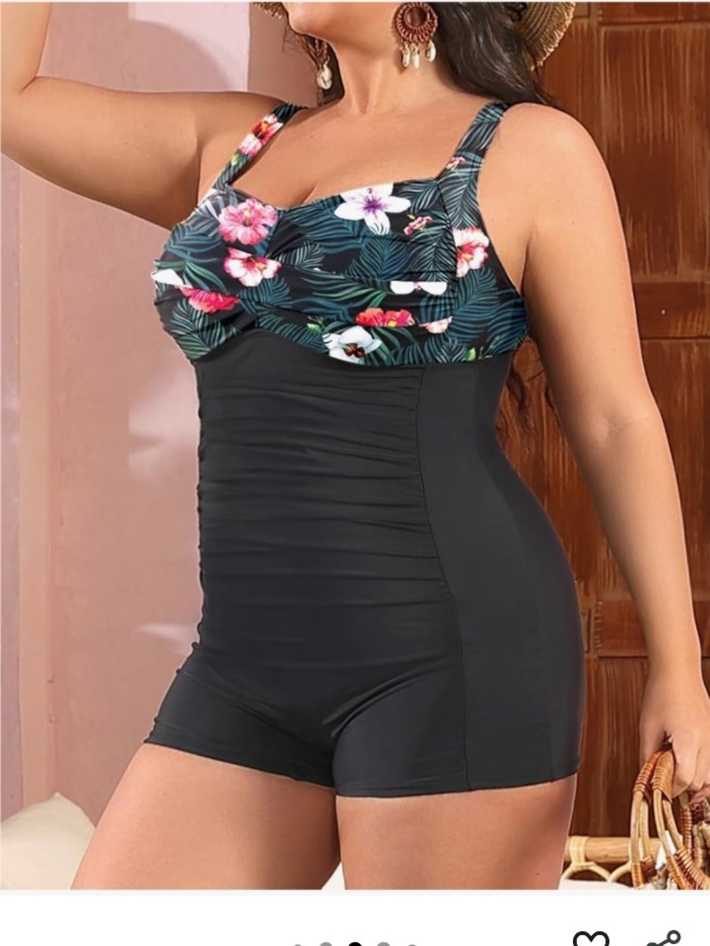 Black Ruched One-Piece Swimsuit with Tropical Floral Bust